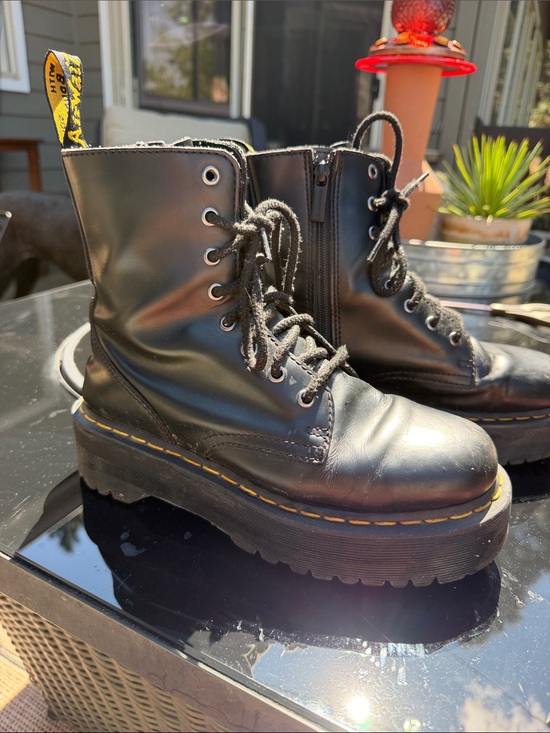 Dr. Martens Shoes - Dr. Martens Black Platform Lace-Up Boots with Yellow Heel Loop